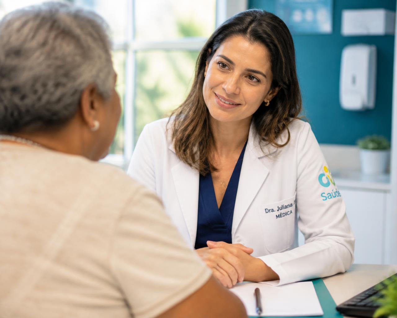 Médica atendendo uma paciente idosa em consultório