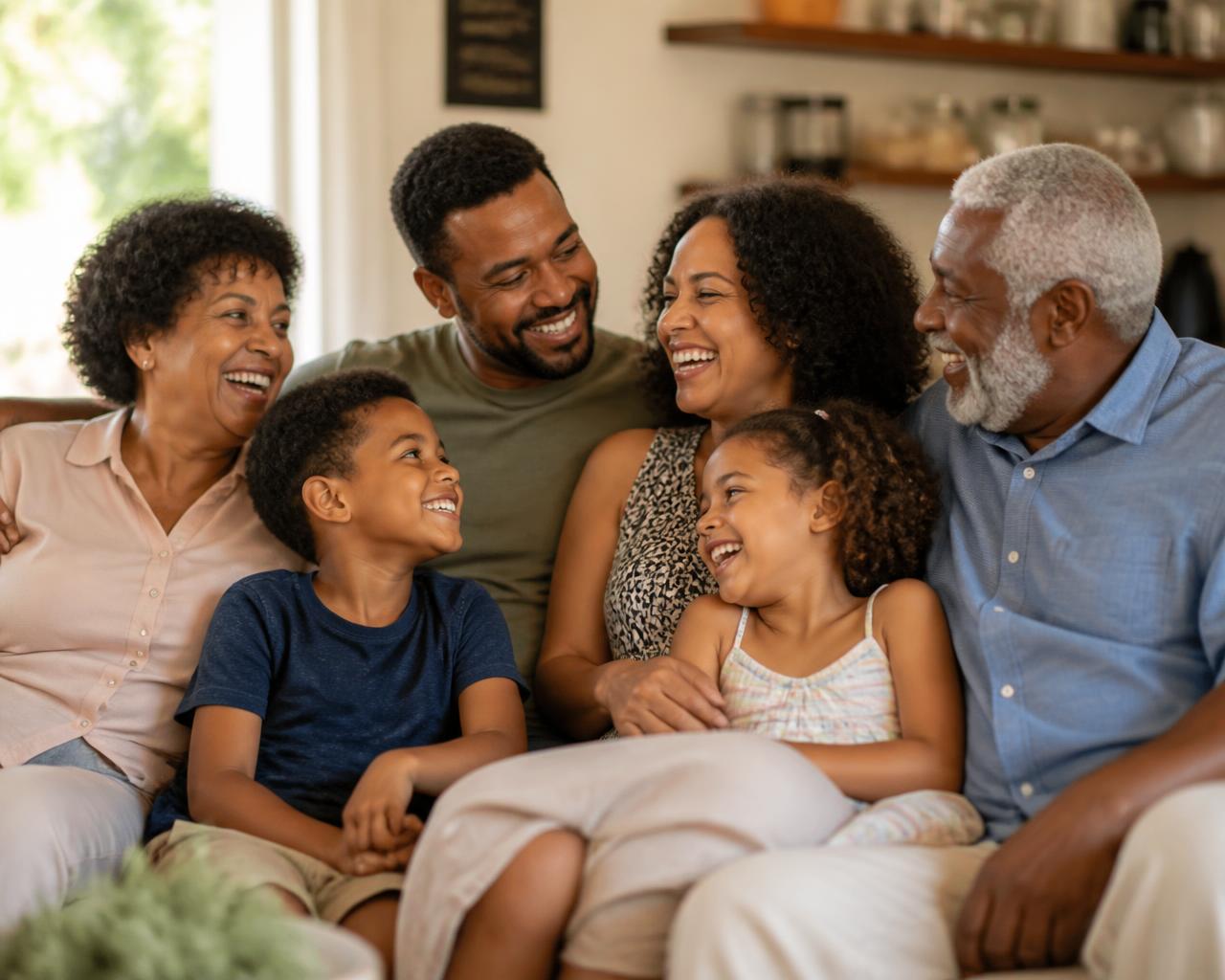 Família de três gerações reunida em casa, sorrindo